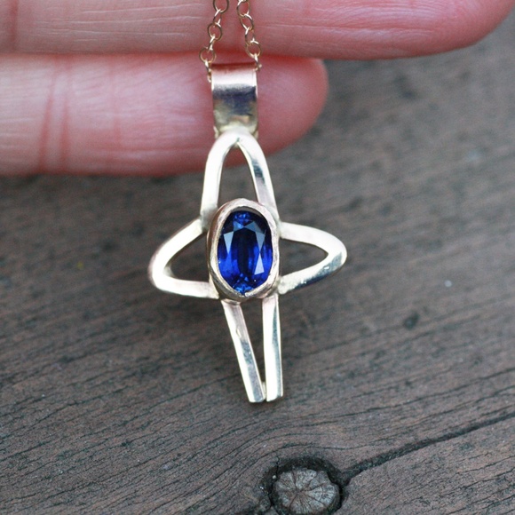 Blue Sapphire Cross Pendant Solid 14K Gold, September Birthday - no chain - Picture 5 of 9